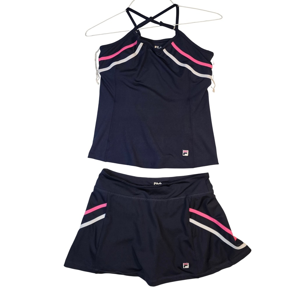 Fila Womens Navy Blue Pink Striped Tennis Skort and Halter Top Set Size Small